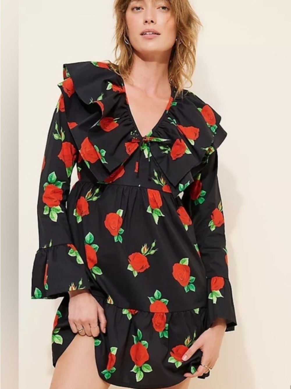 The Lulo Project Floral Ruffle V-Neck Mini Dress - Black/Red